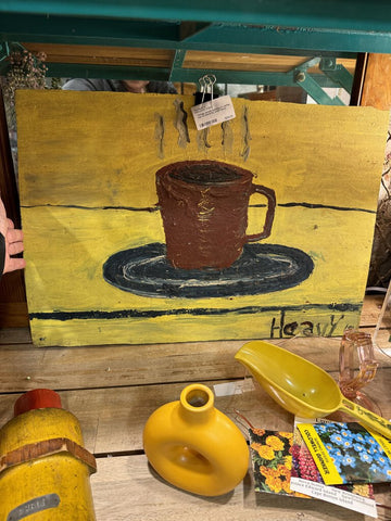 Vintage acrylic painting of coffee cup on board by artist heavy.