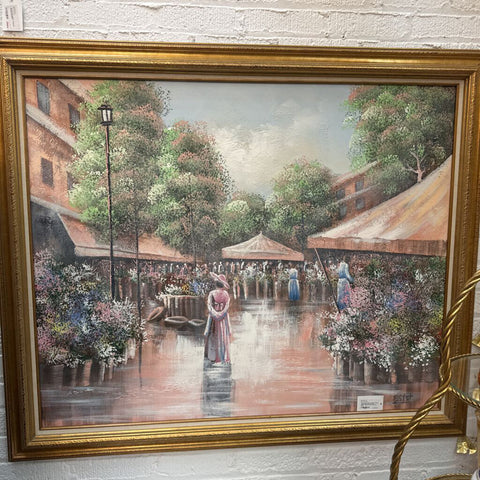 Vint Framed Oil on Canvas French Floral Street Market Scene 50x43" Signed In Store Pick Up Only