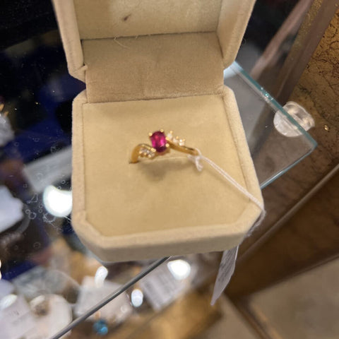 !4K plumb gold, ruby and diamond ring, sizeable. Plum bold means it is of the highest quality for 14K gold.