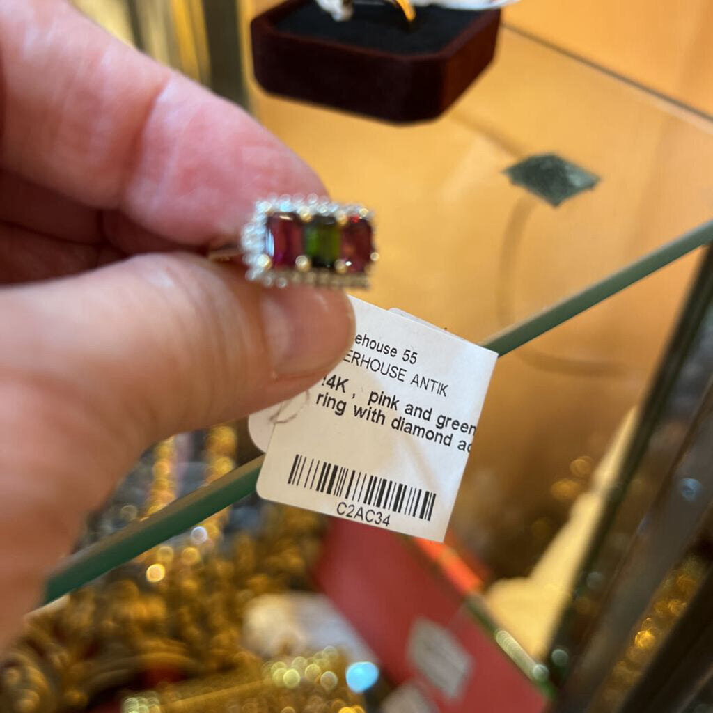 !4K , pink and green tourmaline ring with diamond accents