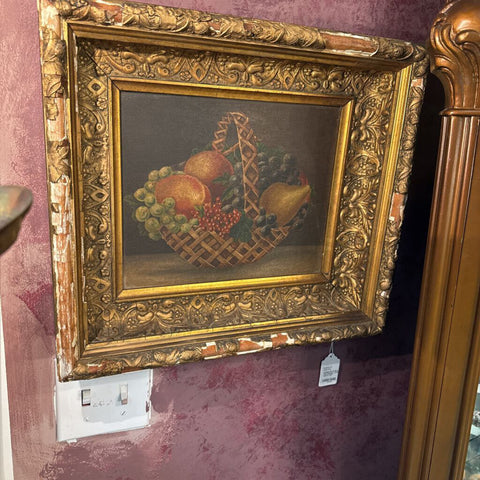 Antique Oil on Board Basket of Fruit Painting