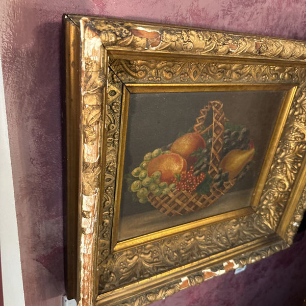 Antique Oil on Board Basket of Fruit Painting