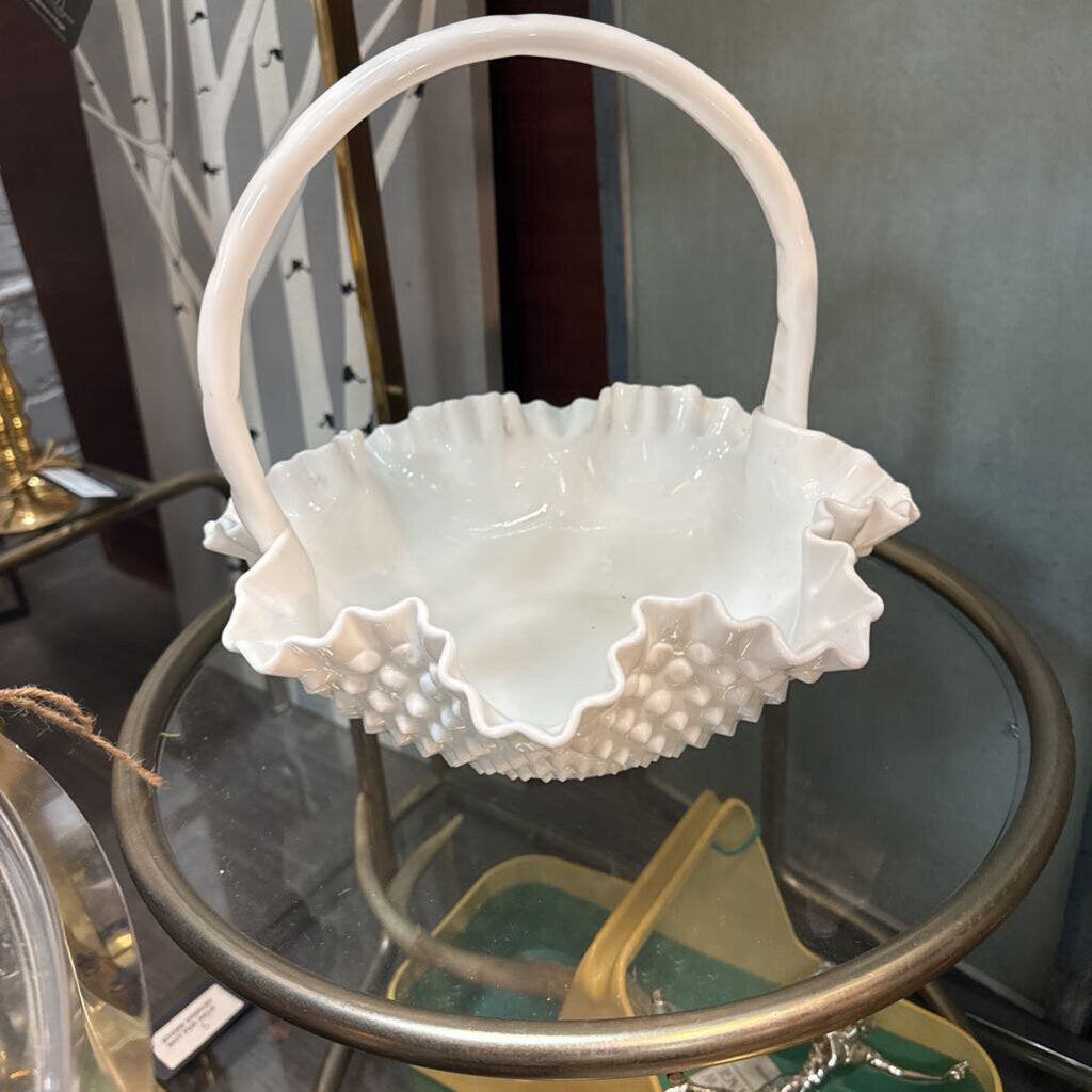 White Hobnail Milk Glass Ribbon Basket W1759
