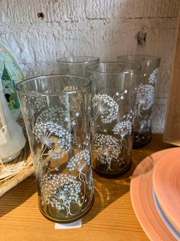 Vintage Smoky Gray Dandelion Flower Beverage Glasses~ Set of 4