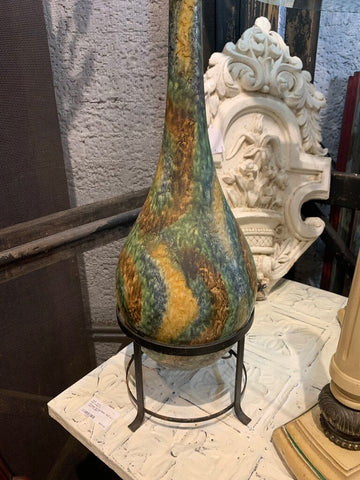 Vintage MCM Green-Browns Onion Bulb Large Pottery & Cast Iron Base~ 7" w x 40.5"