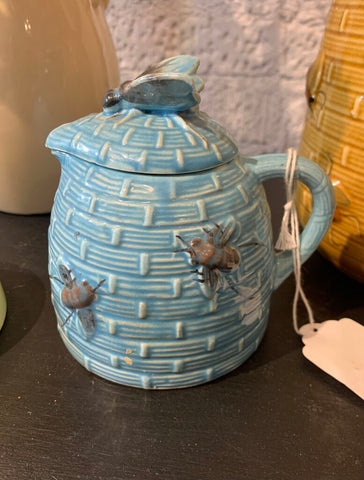 Vintage Japan Brown Bee Honey Pot Jar Blue~ 4.5" w x 4.5" t