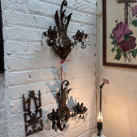 Pair Vintage Leviton Tole Sconces w Crystals