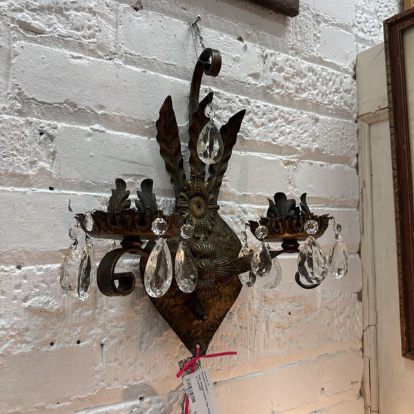 Pair Vintage Leviton Tole Sconces w Crystals
