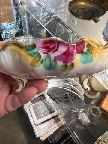 Vintage Porcelain 3 Foot Floral Dish Hand Painted Scalloped Edge Gold Gilt