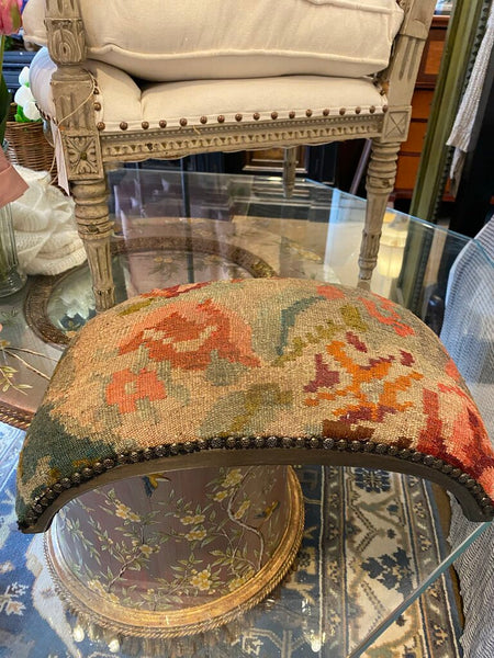 Vintage Tapestry Curved Footstool w/ Nailhead Detail