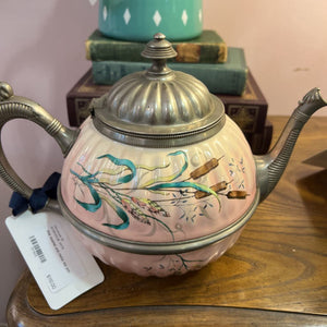 Pink enamel and metal tea pot