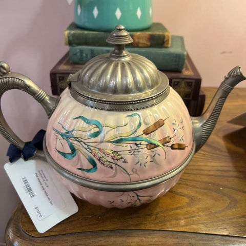 Pink enamel and metal tea pot