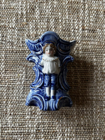 Antique Staffordshire Bud Vase Boy in Blue 4"