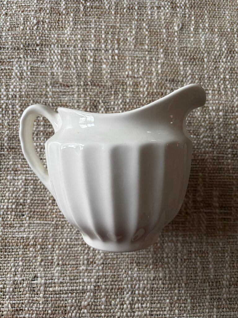 Vintage Ribbed White Ceramic Pitcher