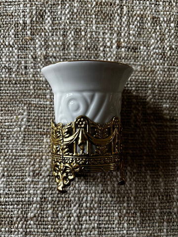Vintage Hollywood Regency Porcelain Cup and Gold Metal Holder