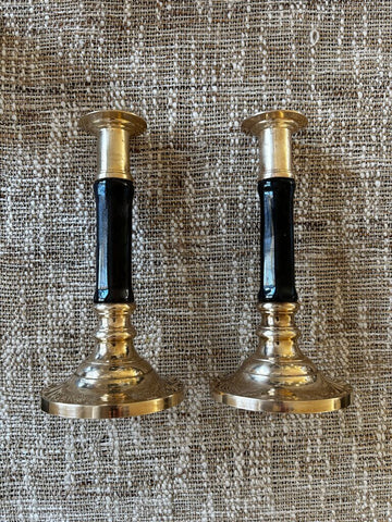 Set of 2 Vintage Brass and Black Porcelain Candle Holders 7.5H