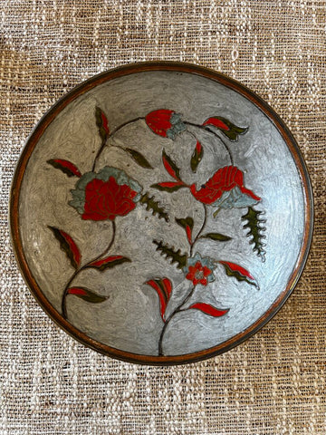 VINTAGE BRASS CLOISONNE BOWL. ORANGE/GRAY FLORAL 9.5