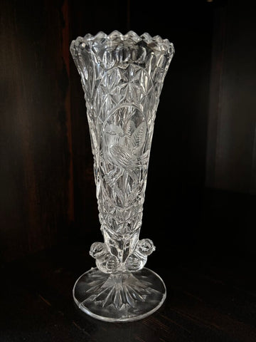 Vintage Hofbauer Crystal Bud Vase w/3 Birds on Base 7H