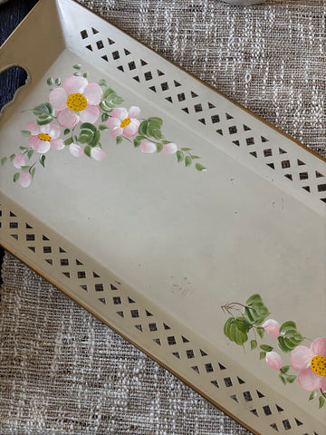 Vtg Hand Painted Toleware Floral Serving Tray 10X 24