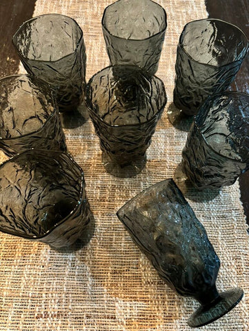 Set of 8 Morgantown Seneca Driftwood Footed 12oz Crinkle Steel Blue Glasses