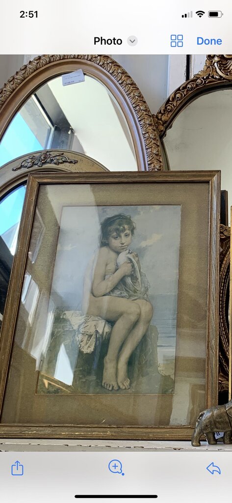 Vintage gold framed print "Child with Dove" by Leon Bazile Perrault 17 x 21.5