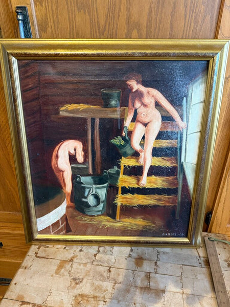 Vintage signed oil painting, nude women bathing, 1936