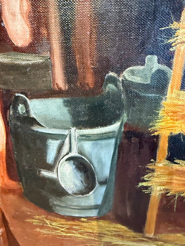 Vintage signed oil painting, nude women bathing, 1936