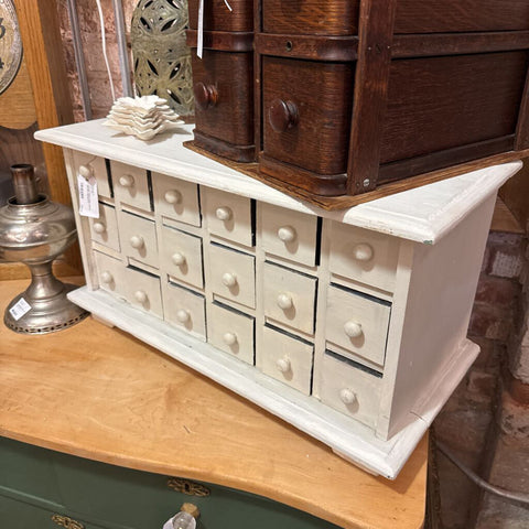 Vintage White Cubby with 18 Drawers. 26x12x14 H