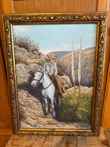 Vintage Southwestern oil painting, Cowboy on horseback, signed H. Goodcase