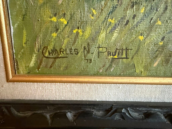 Charles N. Pruitt (American 1941-) Spring Landscape with Cabin oil on canvas signed lower left dated 73