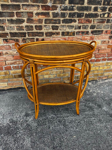 1960s Chippendale Bamboo and Rattan Wicker Oval Bar Cart w/Removable Tray (in store PU)