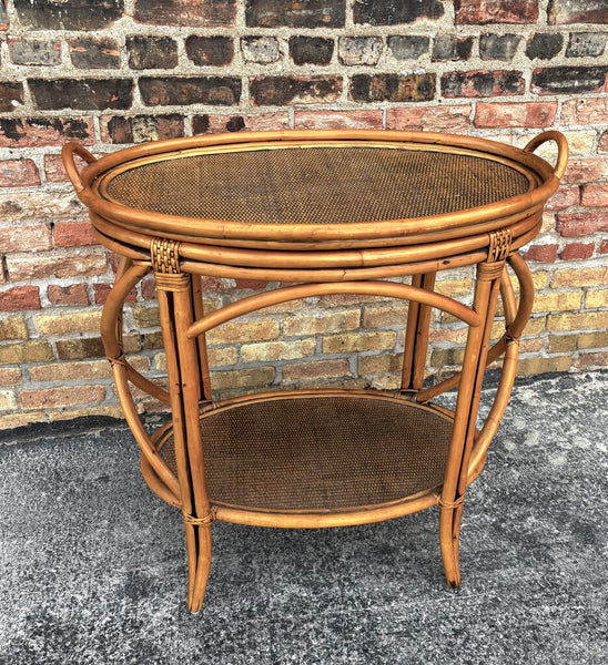 1960s Chippendale Bamboo and Rattan Wicker Oval Bar Cart w/Removable Tray (in store PU)
