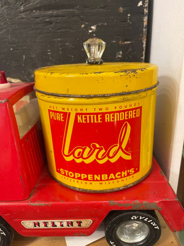 Jens Fresh Vintage ~ Vintage lard tin with glass knob .