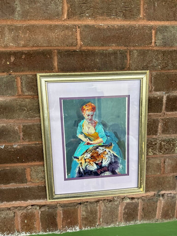 Mod woman and tiger painting artist signed framed and matted