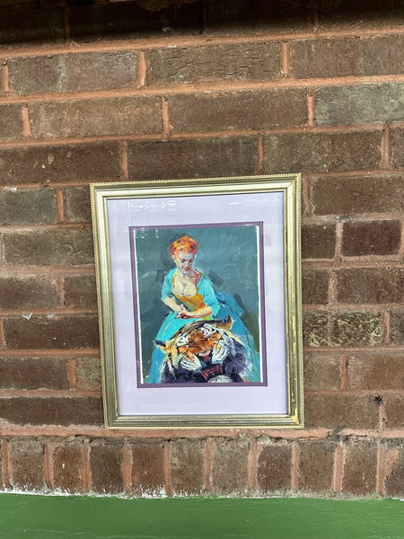 Mod woman and tiger painting artist signed framed and matted
