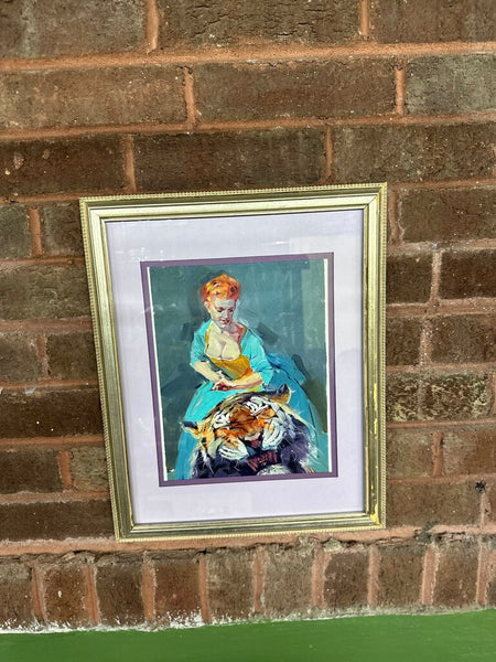 Mod woman and tiger painting artist signed framed and matted