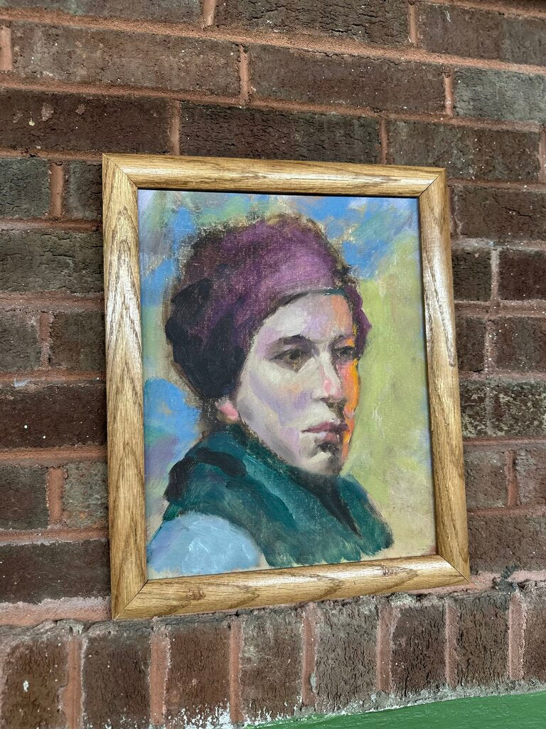Moody portrait oil on canvas board framed