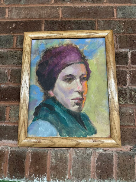 Moody portrait oil on canvas board framed