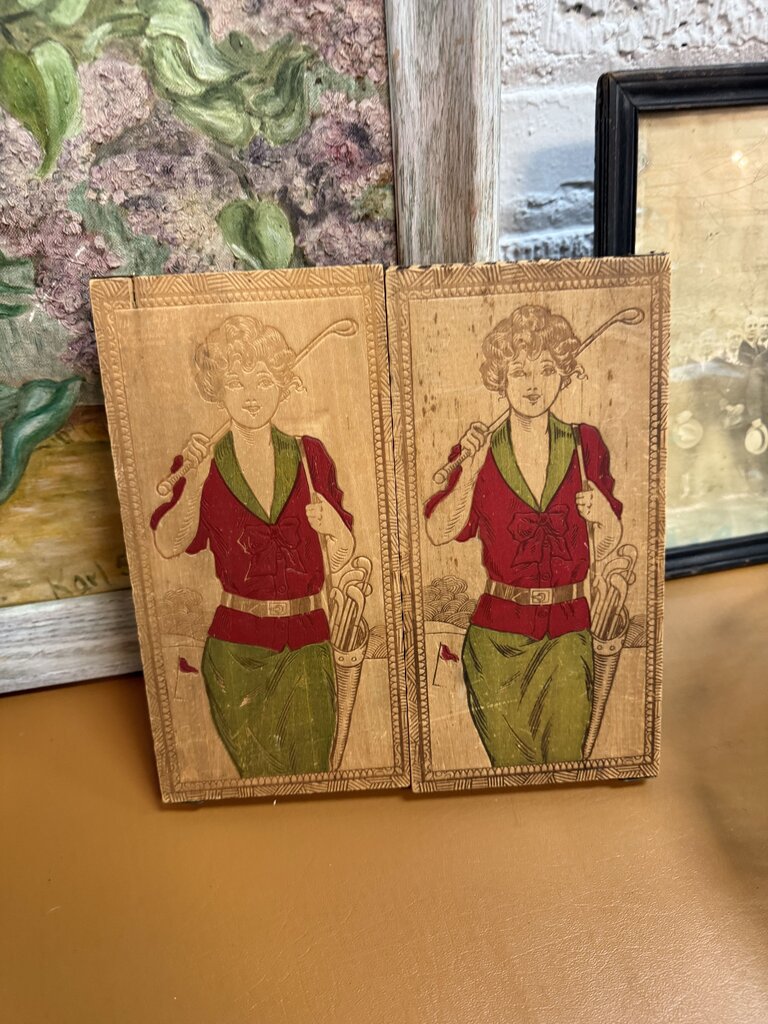 Antique Female Golfer Wooden Box W1784