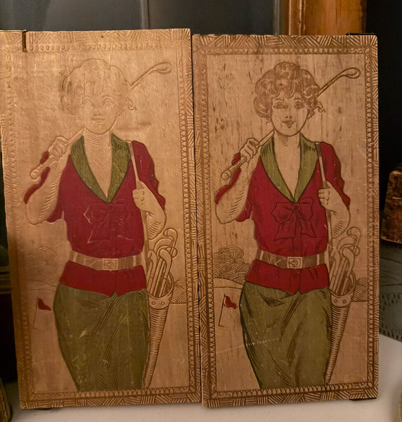 Antique Female Golfer Wooden Box W1784