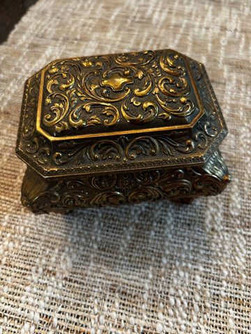 Vintage Footed Ornate Gold Metal Trinket Box Velvet Lined