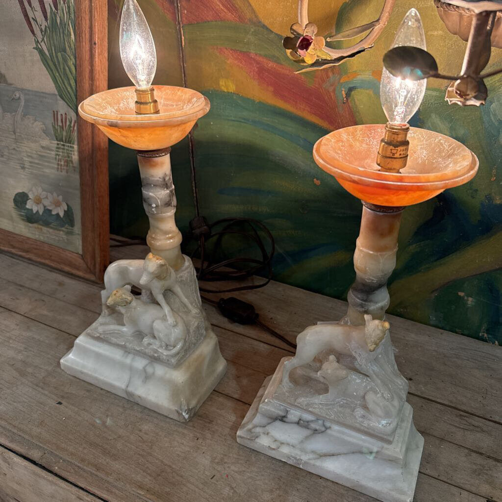 Pair of alabaster dog lamps