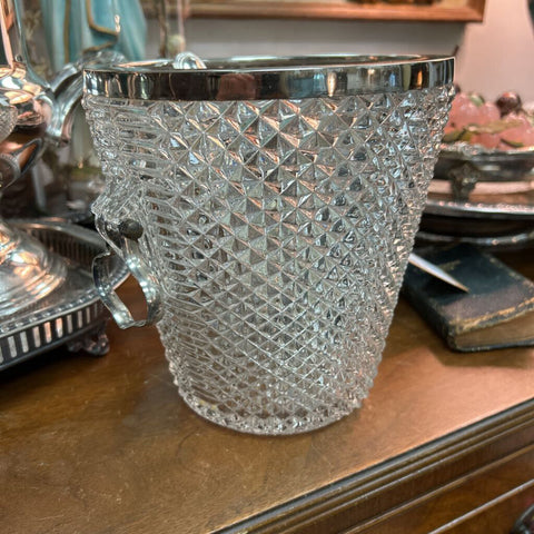 Diamond Cut Press Glass and Silver Plate Champagne Bucket w/Handles 7.5"