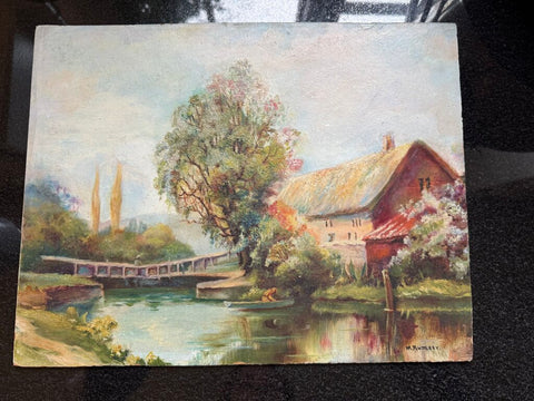 Cottage Painting on Board with Bridge 11" x 14" W1814