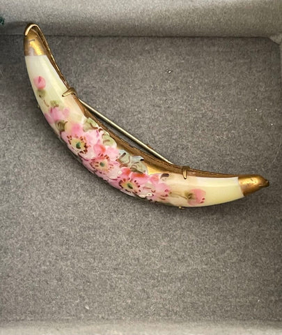 Vintage Handpainted floral crescent pin