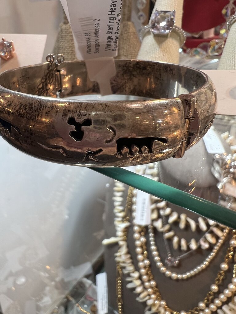 Vintage Sterling Heavy Cave Painting Bangle Bracelet