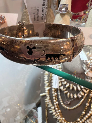 Vintage Sterling Heavy Cave Painting Bangle Bracelet