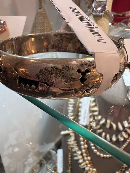 Vintage Sterling Heavy Cave Painting Bangle Bracelet