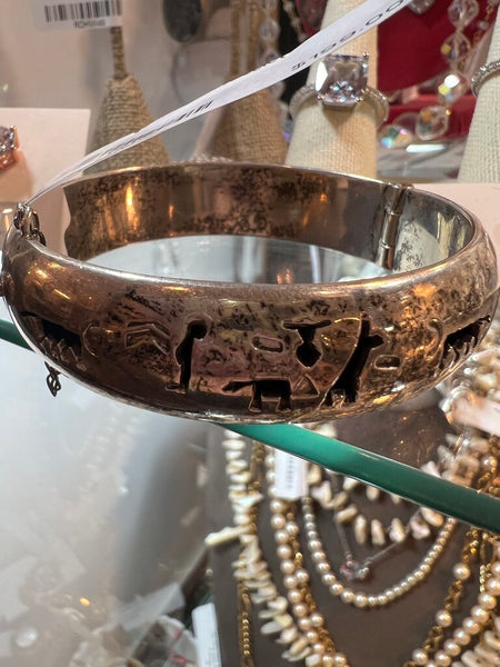 Vintage Sterling Heavy Cave Painting Bangle Bracelet