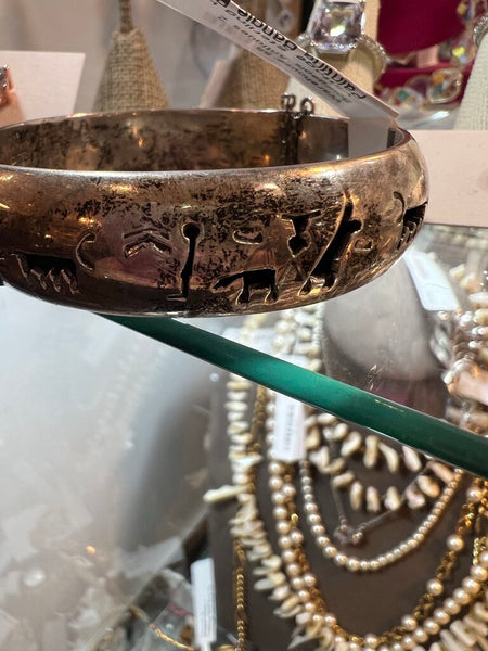 Vintage Sterling Heavy Cave Painting Bangle Bracelet